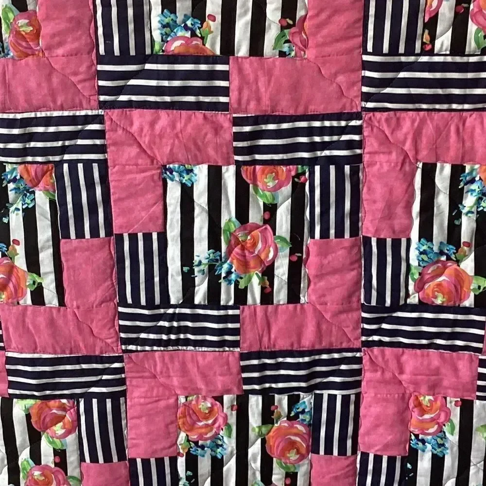 NWT. Hand Crafted Pink and Black Striped With Roses Floral Quilt
